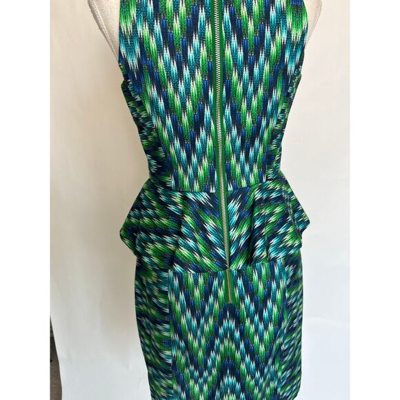 an original Milly of New York | Thea Dress | Green/Blue Peplum Waist Sheath | 4 - Picture 9 of 13